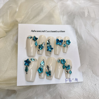 080 Mid-Length 10PCS detachable reusable Handmade press on nails of Niche premium blue heart butterfly manicure