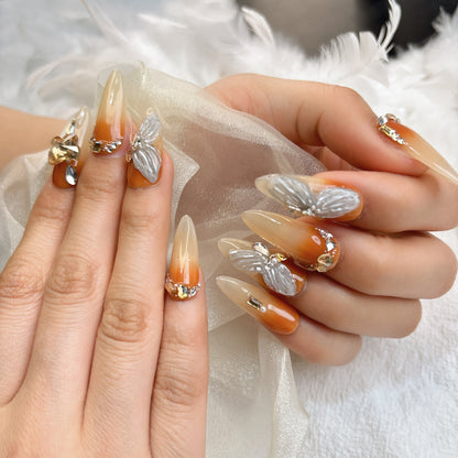 083 Stiletto 10PCS detachable reusable Handmade press on nails of Angel wings full of diamond manicures