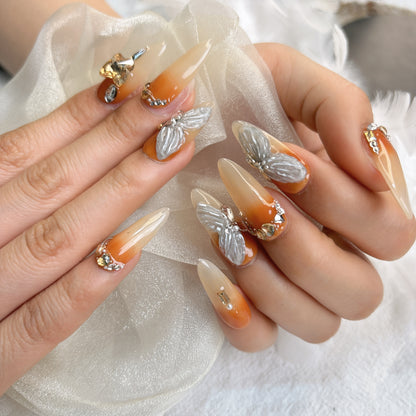 083 Stiletto 10PCS detachable reusable Handmade press on nails of Angel wings full of diamond manicures