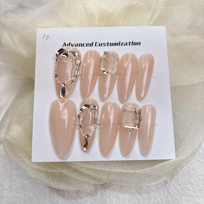 084 Stiletto  10PCS detachable reusable Handmade press on nails of Premium nude temperament manicure