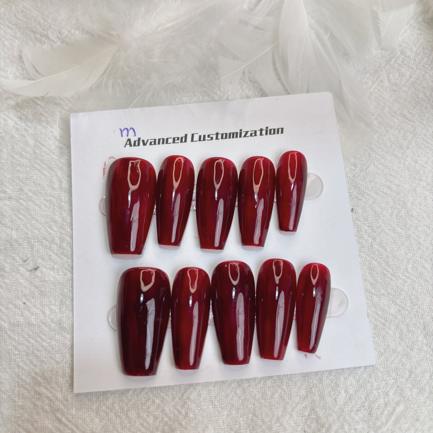 085 Mid-Length  10PCS detachable reusable Handmade press on nails of Simple solid color burgundy manicure