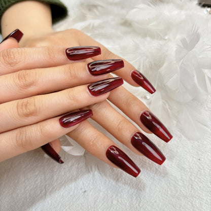 085 Mid-Length  10PCS detachable reusable Handmade press on nails of Simple solid color burgundy manicure