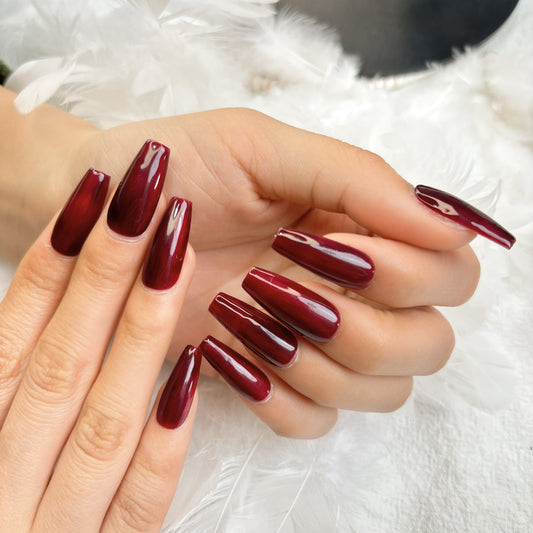 085 Mid-Length  10PCS detachable reusable Handmade press on nails of Simple solid color burgundy manicure