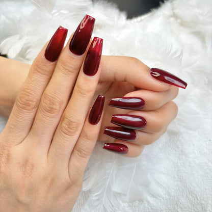 085 Mid-Length  10PCS detachable reusable Handmade press on nails of Simple solid color burgundy manicure