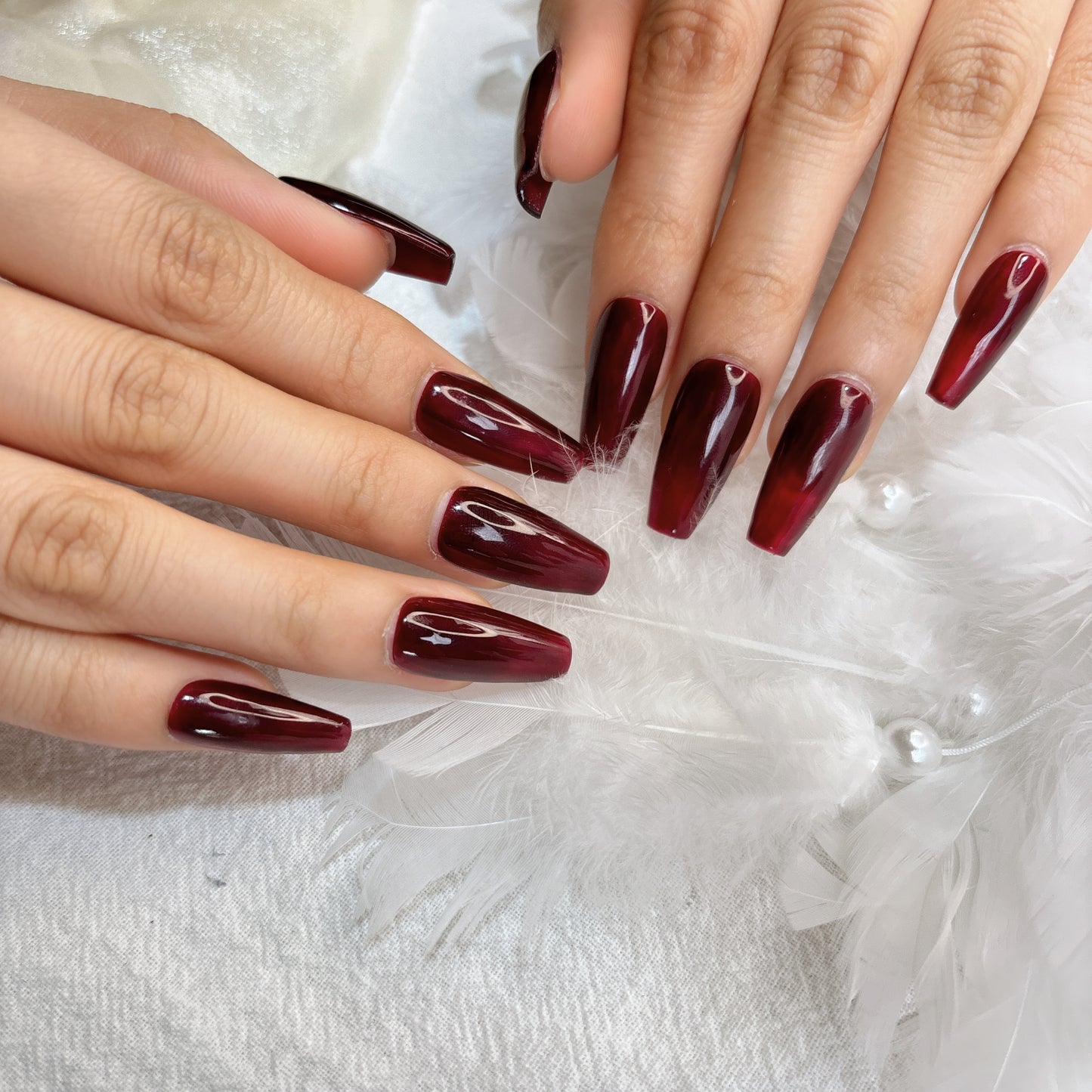 085 Mid-Length  10PCS detachable reusable Handmade press on nails of Simple solid color burgundy manicure