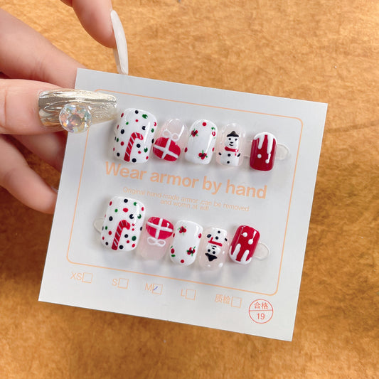 087 Short Round 10PCS detachable reusable Handmade press on nails of Christmas collection of cute snowman manicure