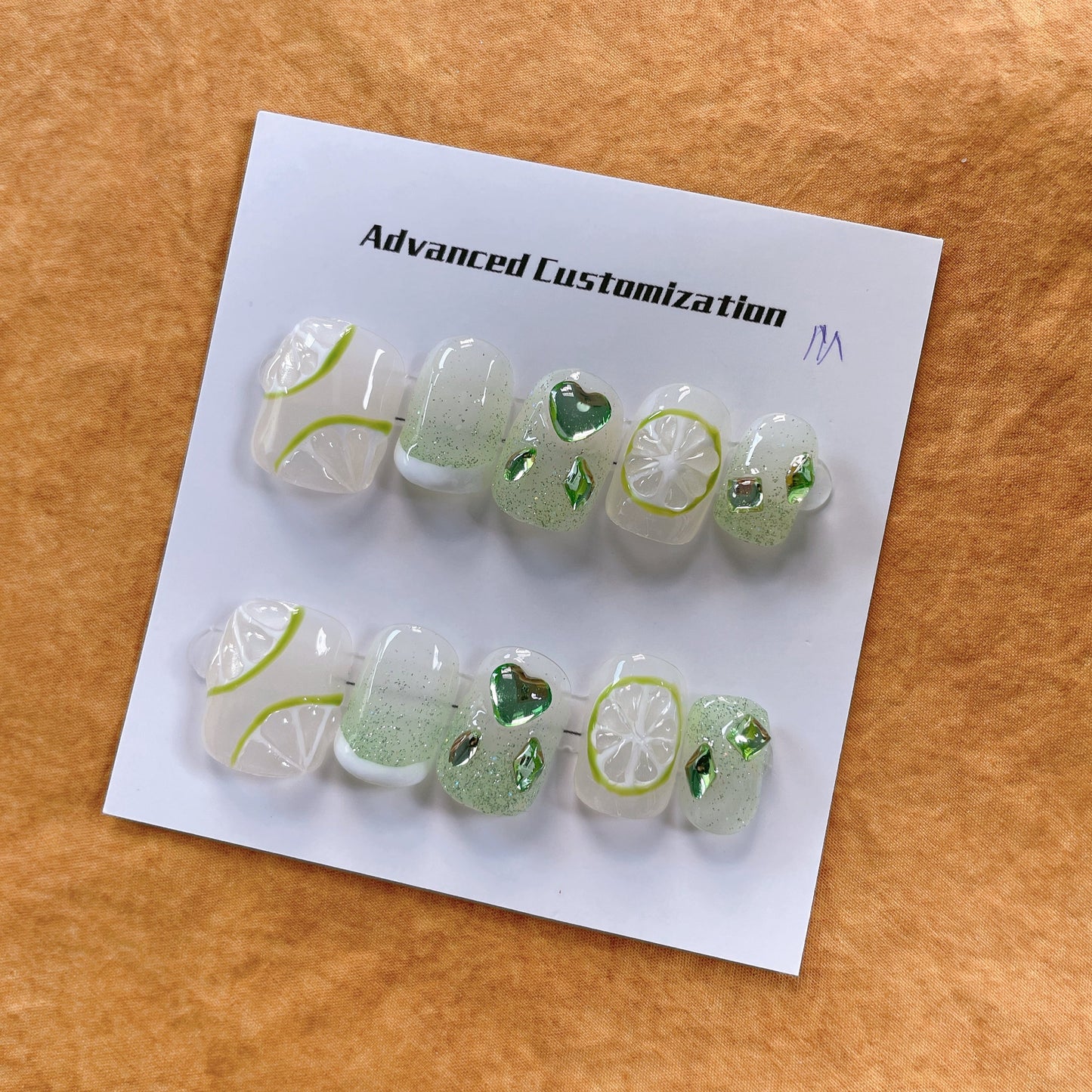 091 Short Round 10PCS detachable reusable Handmade press on nails of Cool green lime manicure