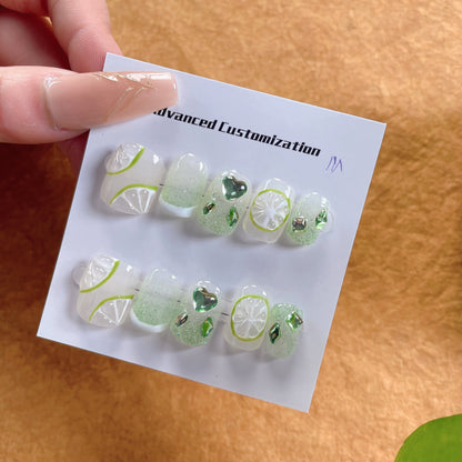 091 Short Round 10PCS detachable reusable Handmade press on nails of Cool green lime manicure