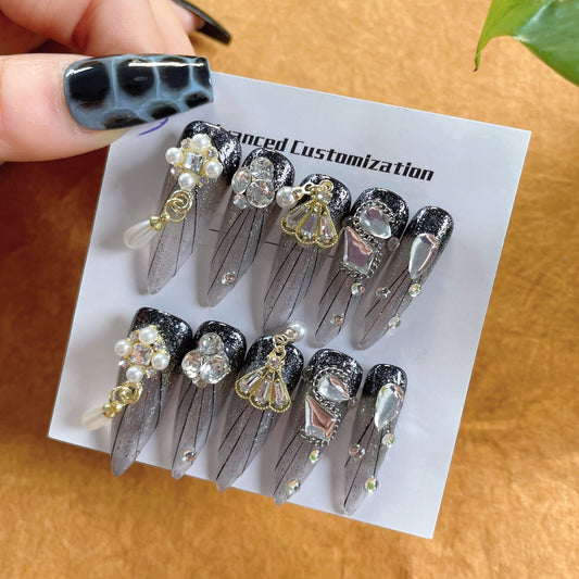 092 Stiletto 10PCS detachable reusable Handmade press on nails of Drop pearl dark personality manicure