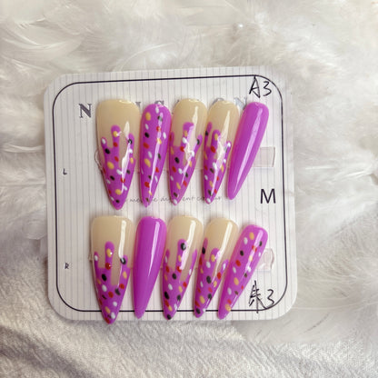 097  Stiletto 10PCS detachable reusable Handmade press on nails of hand-painted nail art with ice cream and candy