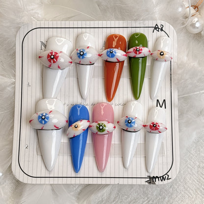 103 Stiletto 10PCS detachable reusable Handmade press on nails of Three-dimensional devil's eye hand-painted manicure