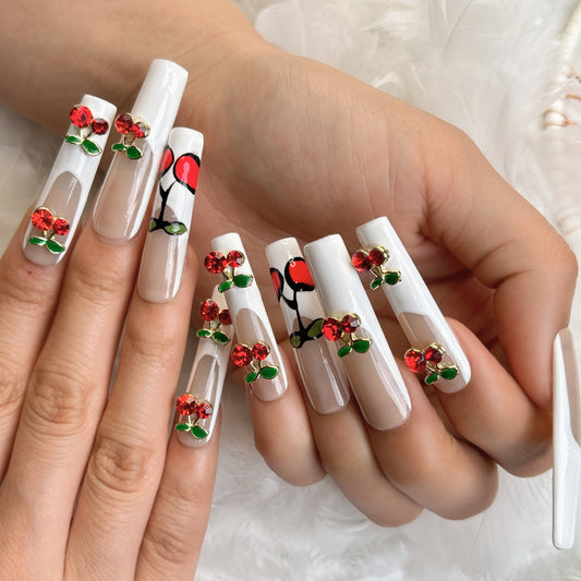 098 Long Square 10PCS detachable reusable Handmade press on nails of French sweetheart three-dimensional cherry manicure