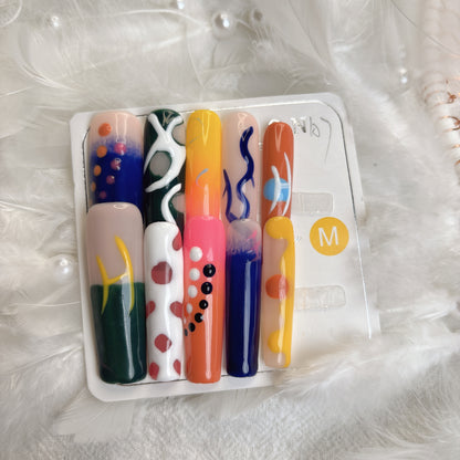 096 Long Square 10PCS detachable reusable Handmade press on nails of European and American summer soda hand-painted graffiti nail art