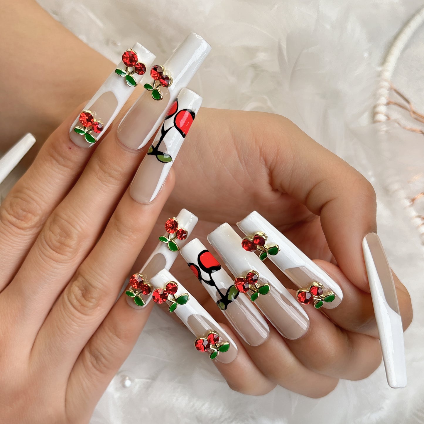 098 Long Square 10PCS detachable reusable Handmade press on nails of French sweetheart three-dimensional cherry manicure