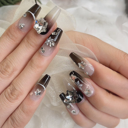 045 Mid-Length 10PCS detachable reusable Handmade press on nails of  Explosive full of diamond snowflake manicure