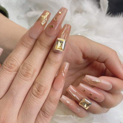 079 Long Square 10PCS detachable reusable Handmade press on nails of  Gentle temperament gold leaf manicure