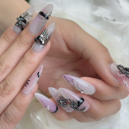 049 Stiletto 10PCS detachable reusable Handmade press on nails of Retro dark style sweet cool ether ancient nail art