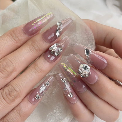 048 Long Square 10PCS detachable reusable Handmade press on nails of White nude full diamond opal mist manicure