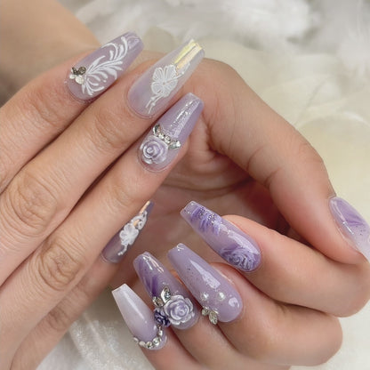 044 Mid-Length 10PCS detachable reusable Handmade press on nails of Lavender purple rose manicure