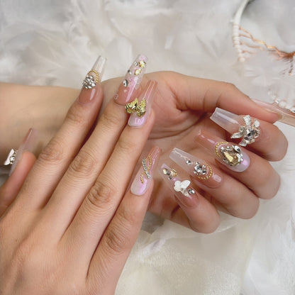 013 Long Square  10PCS Handmade press on nails of Gentle fairy three-dimensional pearl bow detachable handmade nail