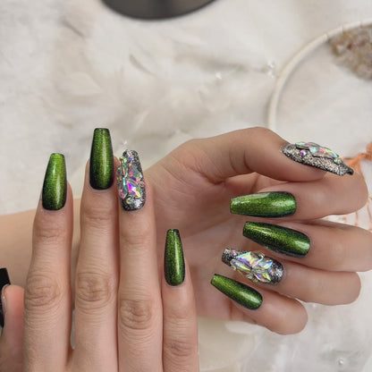 016 Mid-length  10PCS Handmade press on nails of  Premium green fine sparkle diamonds are detachable and reusable handmade nail