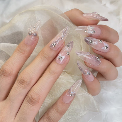 005  Stiletto  10PCS detachable reusable Handmade press on nails  of three-dimensional butterfly glitter white handmade nail.