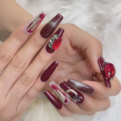 052 Long Square  10PCS detachable reusable Handmade press on nails of Christmas red personality cat-eye manicure