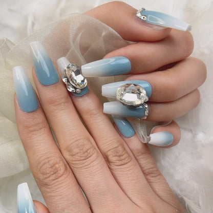 030 Mid-length 10PCS detachable reusable Handmade press on nails of Light blue gradient diamond sparkle fresh manicure