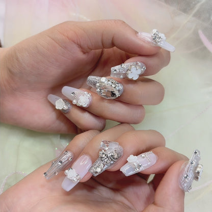 003 Medium-length  10PCS detachable reusable  Handmade press on nails  of Dream Galaxy four-leaf clover handmade nails.