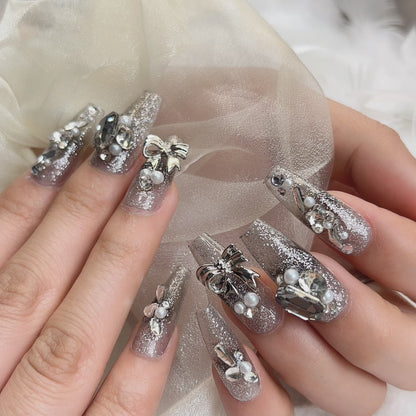 041 Mid-Length  10PCS detachable reusable Handmade press on nails of Heavy industry light luxury European and American big diamond nail art