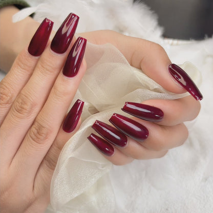 085 Mid-Length  10PCS detachable reusable Handmade press on nails of Simple solid color burgundy manicure