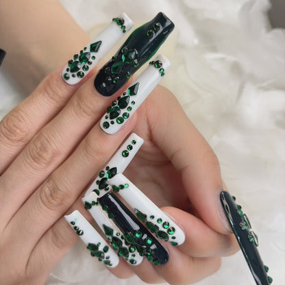 031 Long Square 10PCS detachable reusable  Handmade press on nails of Noble emerald sparkling diamond manicure